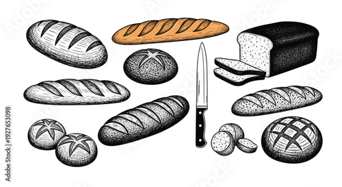 Diverse collection of bread and bakery items including loaves, baguettes, and a knife are shown in a detailed line art style.