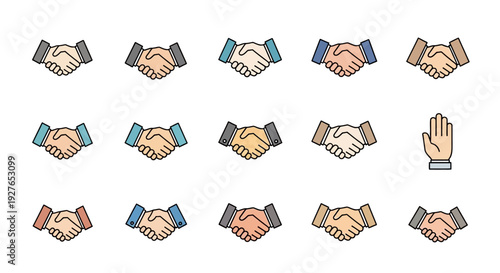 A collection of handshake icons in various skin tones and sleeve colors, alongside a single stop hand icon, representing agreement, diversity, and refusal.