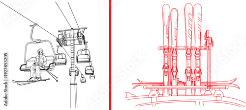 A minimalist vector graphic featuring a detailed black line-art illustration of a skier on a chairlift, paired with red line art of multiple skis secured in a transport rack.