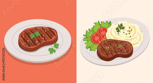 Two versions of grilled beef steak presented on white plates, one plain with garnish and one served with mashed potatoes and salad.