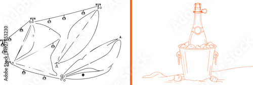 Minimalist line art showing a schematic of ski slopes and lifts, paired with an orange-outlined illustration of a champagne bottle chilling in an ice bucket.
