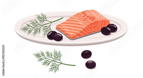 Fresh salmon fillet served on an oval plate garnished with sprigs of dill and black olives in a clean digital illustration style.
