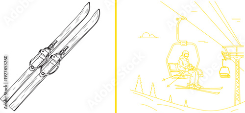 A minimalist vector graphic featuring a detailed black-and-white line illustration of a pair of skis next to yellow line art of a skier riding a chairlift up a snowy mountain slope.