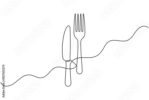 Minimalist knife and fork continuous one line drawing and isolated world food day cafe outline vector icon