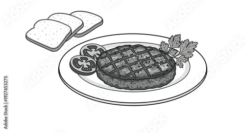 Black and white illustration of a grilled meat patty on a plate served with tomato slices, parsley, and pieces of bread.