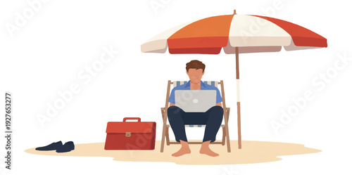 Freelance Man Working on Laptop at a Tropical Beach Under Umbrella Vector Illustration Concept