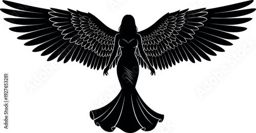 Elegant silhouette of winged female figure with flowing dress, dramatic angelic wings spread wide, mystical fantasy vector illustration for spiritual themes