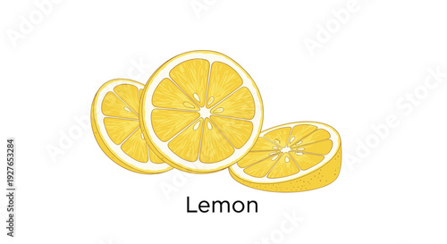 Three bright yellow lemon slices overlapping each other in a clean digital illustration with the word lemon written below.