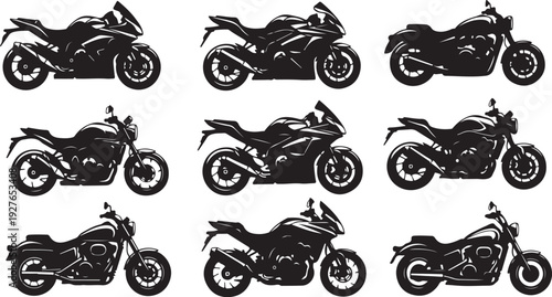 Collection of various motorcycle silhouettes in black and white