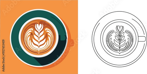 A vibrant latte art design alongside its linear silhouette ideal for branding and design projects on transparent background high quality professional