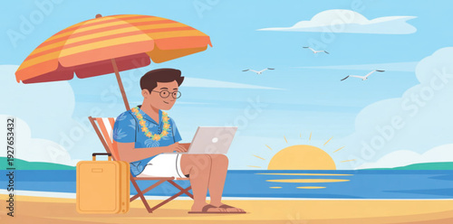 Digital Nomad remote Working on Laptop at Sunset Beach Illustration