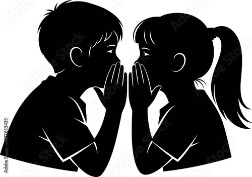 Black silhouette of two children a boy and a girl whispering secrets and sharing private gossip isolated on white background.