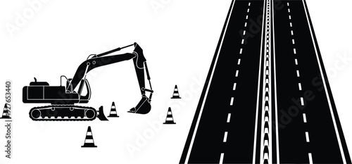 A black silhouette of an excavator near a road with warning signs ideal for designs on transparent background high quality professional