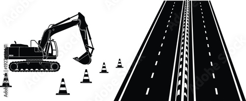 A black silhouette of an excavator beside a road with markings and traffic cones on transparent background high quality professional detailed