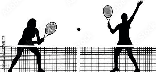 Black silhouette of two female tennis players playing a match on court with rackets and ball over net on white background