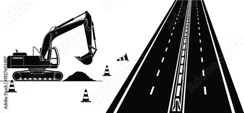 A black silhouette of an excavator working on a road construction site with traffic cones on transparent background high quality professional