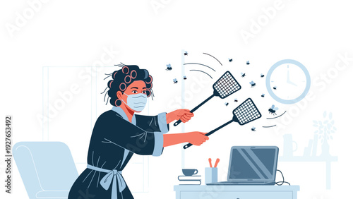 Woman wearing hair curlers and a face mask frantically uses two fly swatters to chase away annoying insects in her home office.