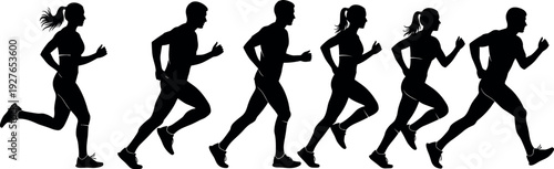 Black Silhouette Set of Diverse Men and Women Running and Jogging in Motion Isolated on White Background for Fitness Concept
