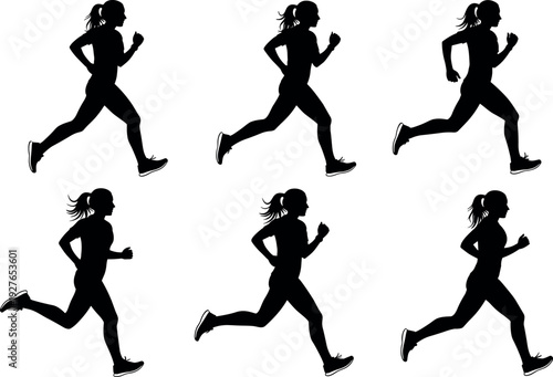 Black Silhouette Set of a Young Woman Running and Jogging in Different Motion Sequences Isolated on a Plain White Background