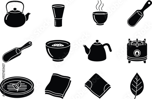 Black and white icons representing traditional japanese tea ceremony tools and equipment.