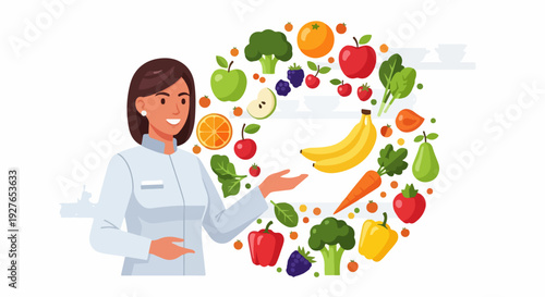 Clean flat vector illustration of a smiling nutritionist presenting healthy food choices