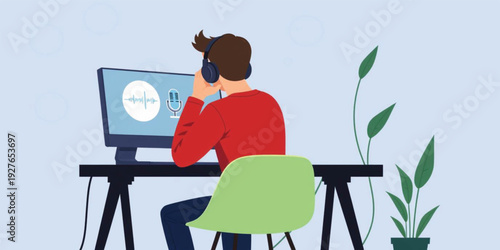 Modern Man Recording Podcast in Home Studio Illustration - Professional Content Creator Working at Desk with Microphone, Headphones, and Computer Monitor Flat Vector for Digital Media Marketing