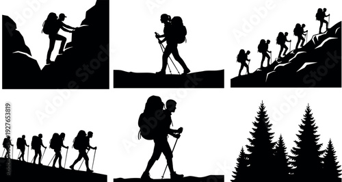 Black silhouette set of hikers backpacking and trekking in the mountains with climbing gear and pine trees for outdoor adventure