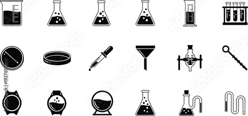 Set of chemical laboratory equipment icons including beakers flasks and test tubes.