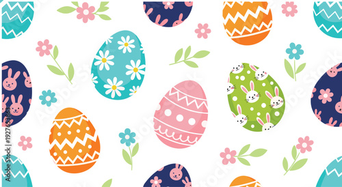 Seamless Vector Pattern Featuring Decorated Easter Eggs with Bunnies Daisies and Zig-Zags for Holiday Gift Wrap Textile Prints and Spring Website Backgrounds