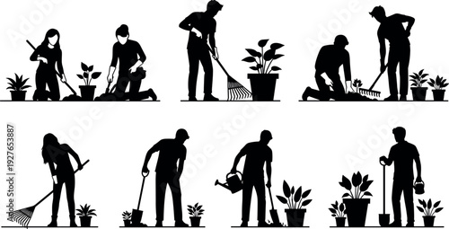 Black and white gardening people silhouettes with tools, watering plants, planting flowers, raking leaves, horticulture teamwork outdoor lifestyle vector illustration