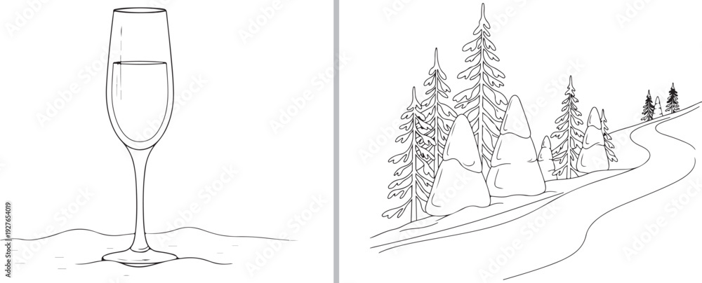 Obraz premium A minimal line-art vector graphic featuring a champagne flute resting on snow, paired with a scenic winter landscape of a winding path through a forest of pine trees.