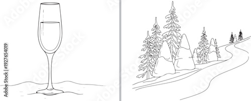 A minimal line-art vector graphic featuring a champagne flute resting on snow, paired with a scenic winter landscape of a winding path through a forest of pine trees.