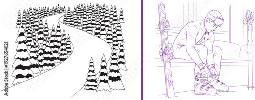 Minimalist line art of a winding snowy path through a dense pine forest, paired with a purple-inked illustration of a skier sitting down to adjust their ski boots.