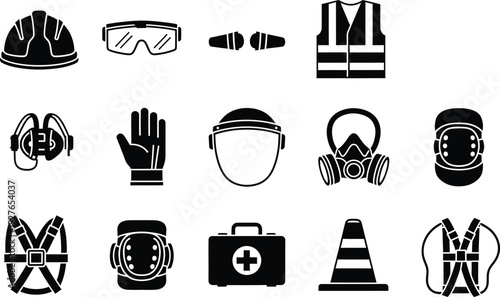 A collection of black and white personal protective equipment icons for workplace safety and health.