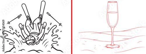 A minimalist vector graphic featuring a black-and-white line illustration of a skier falling into a snowbank, paired with red line art of a champagne flute resting on a snowy surface.