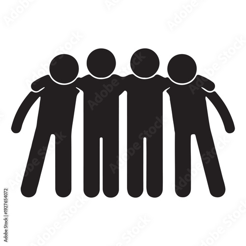Four black silhouette stick figures with arms around each other's shoulders, symbolizing friendship or teamwork, isolated on white background