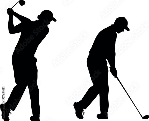 Black silhouette set of professional male golfer in motion executing a perfect backswing and follow through on white background isolated
