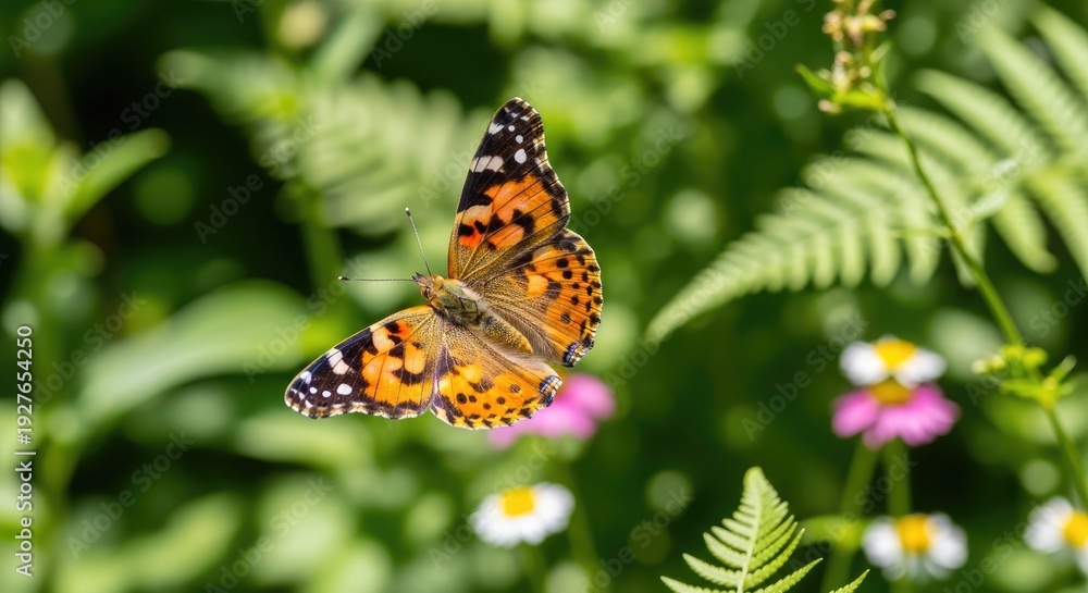 Obraz premium A vibrant painted lady butterfly gracefully flits through a lush green background filled with ferns, wildflowers, and daisies. 