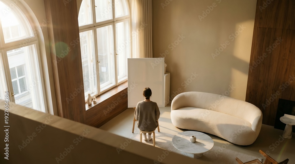 Fototapeta premium Contemplative figure in sunlit modern apartment, interior design and personal reflection