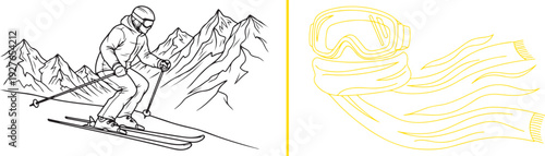 A minimalist vector graphic featuring a black-and-white line illustration of a skier on a mountain slope alongside yellow line art of a ski goggle and a flowing scarf.