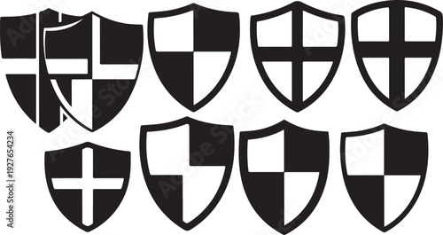 Collection of black and white shield icons with crosses