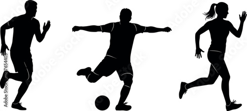 Black silhouettes of active people running and a soccer player kicking a ball isolated on white background for sports fitness design.