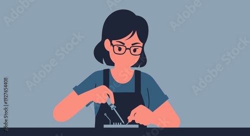 Focused woman technician carefully soldering intricate electronic components