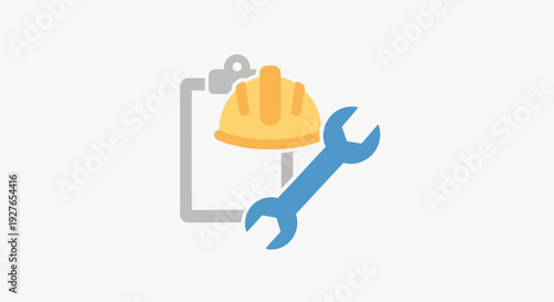 Essential Construction and Maintenance Icon Safety Hard Hat, Wrench, and Clipboard for Project Planning and Work Safety