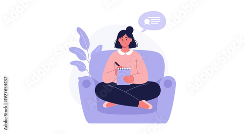 Focused woman writing notes in a comfortable armchair, capturing thoughts and ideas creatively