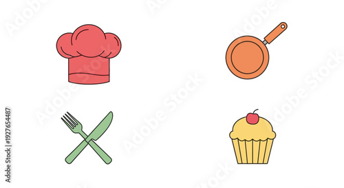 Collection of culinary icons chef hat, pan, fork and knife, and cupcake