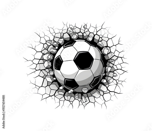 Soccer ball breaking through wall, monochrome, graphic impact effect
