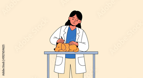 Caring female veterinarian conducting a gentle health check-up on a small, adorable puppy at a modern veterinary clinic