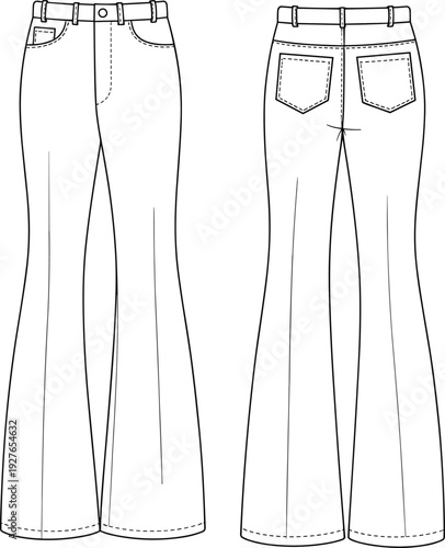 Women Bell Bottom Jeans CAD Drawing, Front and Back View, High Waist Denim Pants Technical Flat Sketch Template