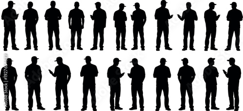 Black Silhouettes of Casual Men in Baseball Caps Standing and Using Smartphones Isolated on White Background for Graphic Design Projects
